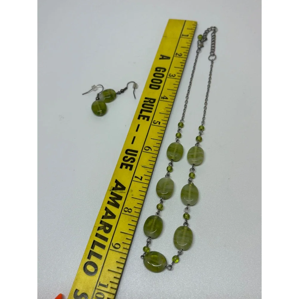 Green Beaded Jewelry Set Necklace and Earring Gunmetal Tone Chain
